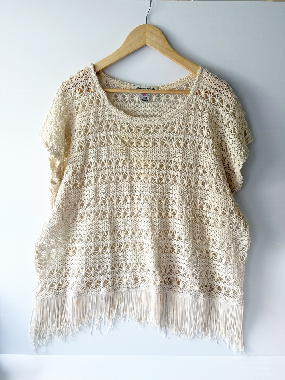 American Rag Cream Crochet Fringe Top Boho Shirt Size S/M Oversized Short Sleeve